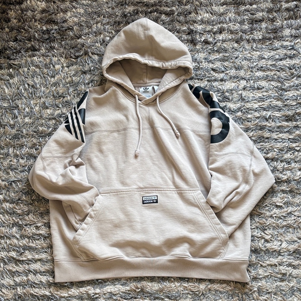 adidas Tan Cotton Pullover Hoodie with Black Logo Shoulder & Sleeves XL Unisex